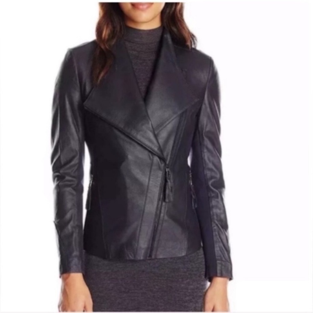 VIA SPIGA Leather Zip Stretch Knit Jacket XS Black